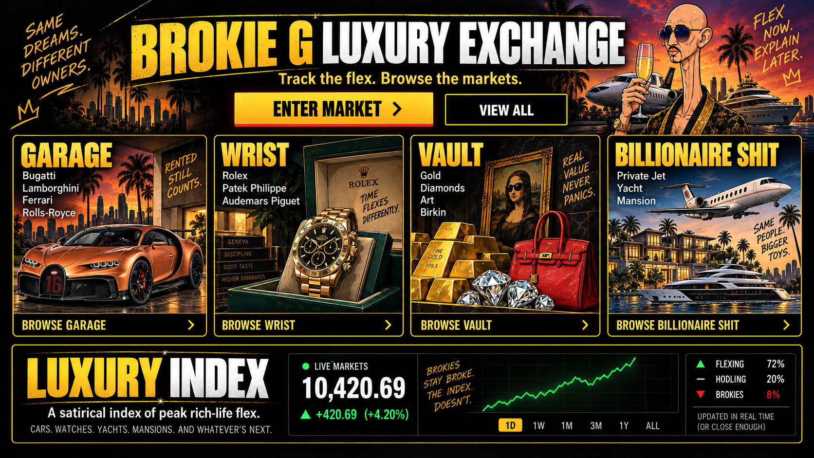BROKIE G Luxury Exchange artwork showing Garage, Wrist, Vault and Billionaire Shit categories.