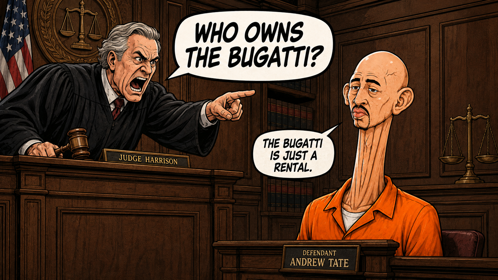 Judge asks who owns the Bugatti while Andrew Tate replies that the Bugatti is just a rental.