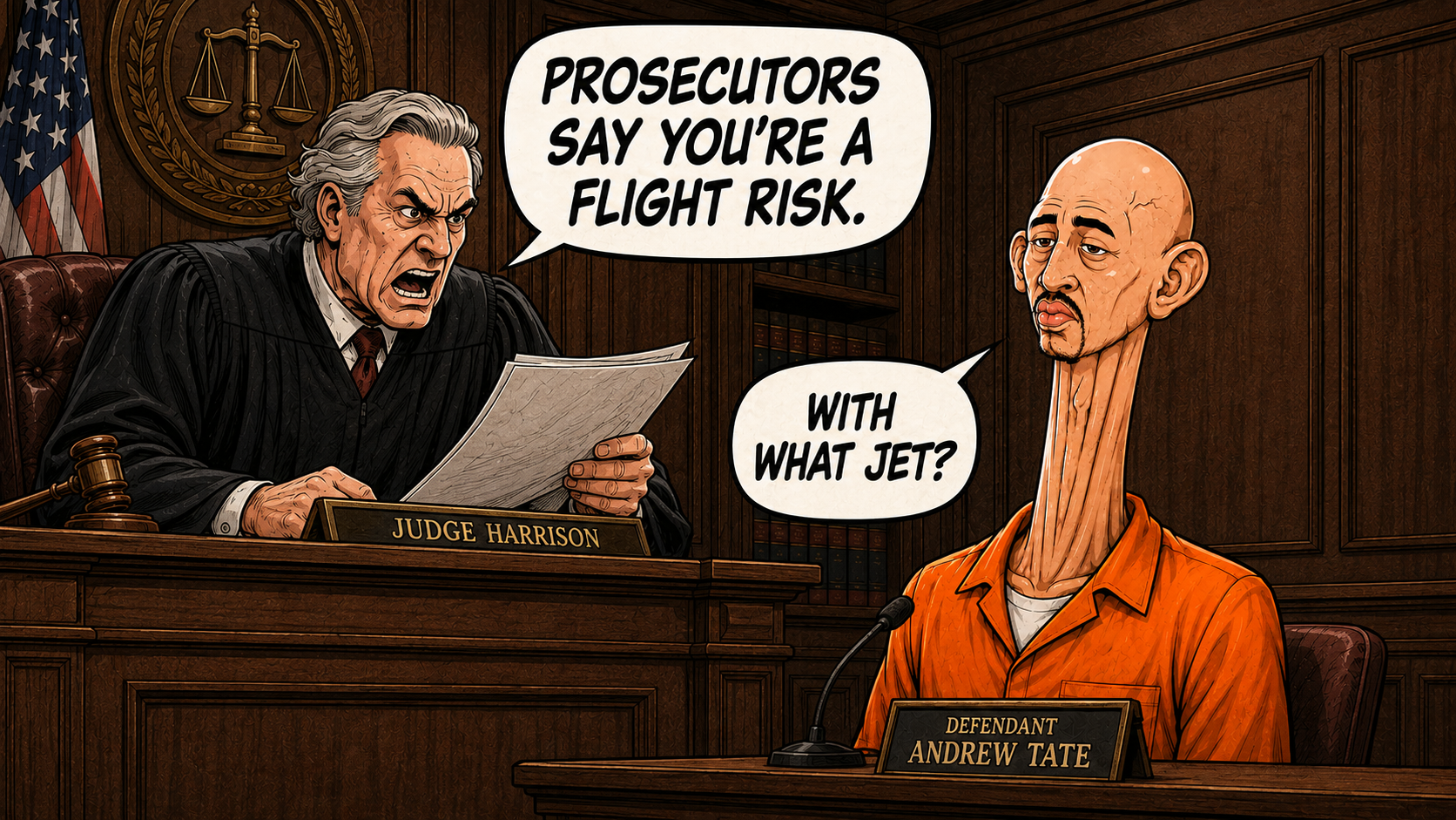 Judge says prosecutors call Andrew Tate a flight risk, and Tate replies asking with what jet.