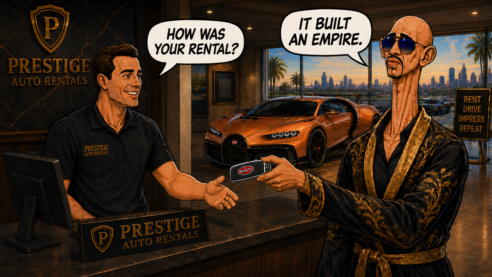 Rental clerk asks how Andrew Tate's rental was, and Tate says it built an empire.