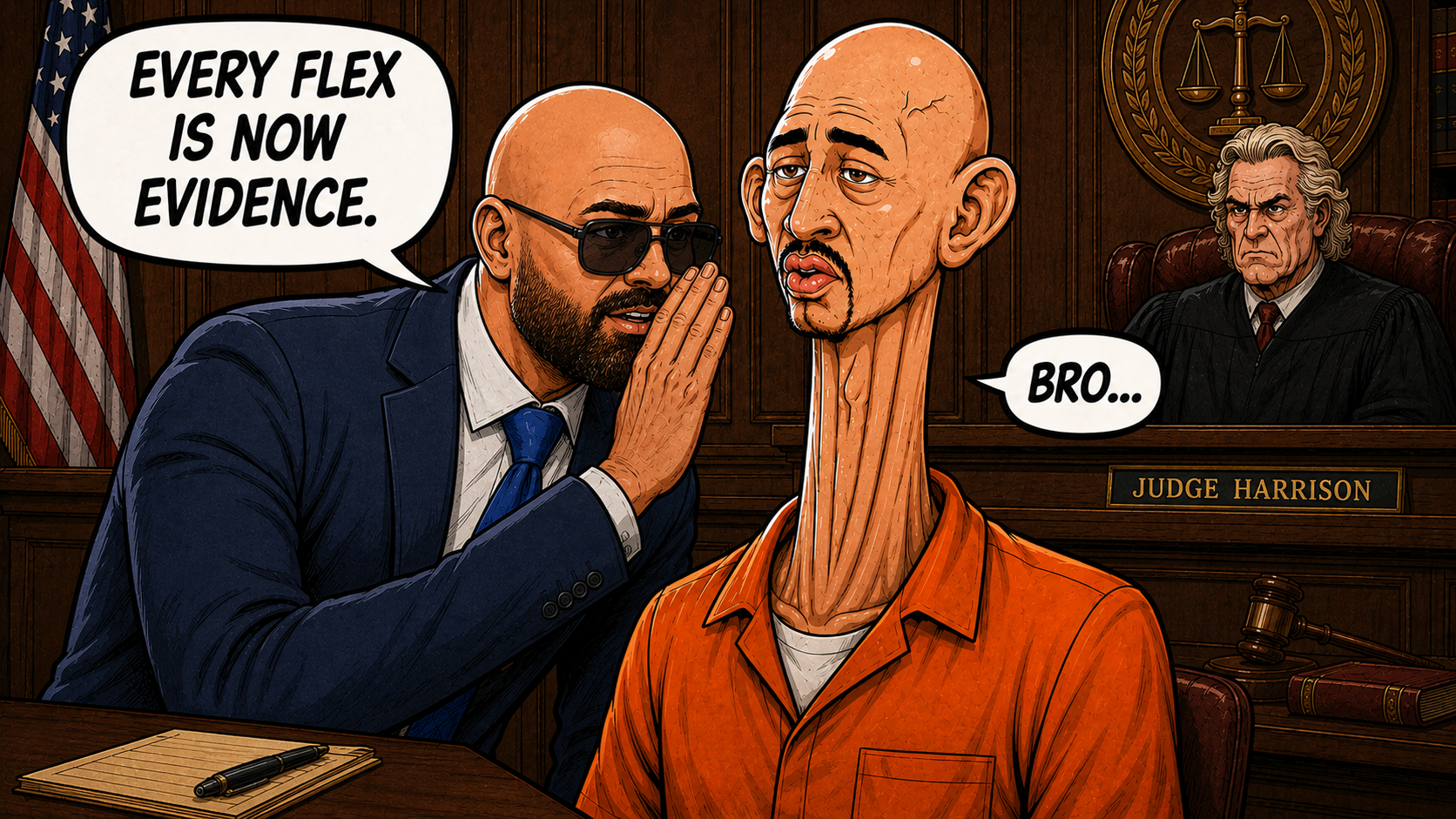 Lawyer whispers that every flex is now evidence while Andrew Tate reacts in court.