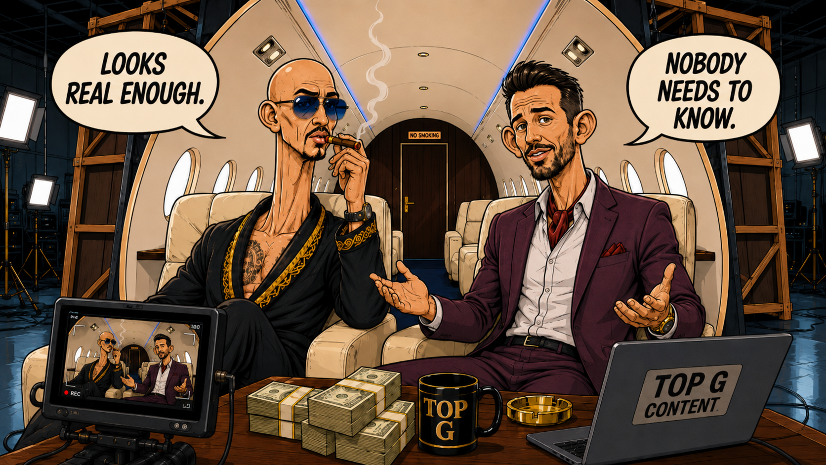 Andrew Tate films inside a staged private jet set while saying it looks real enough and nobody needs to know.